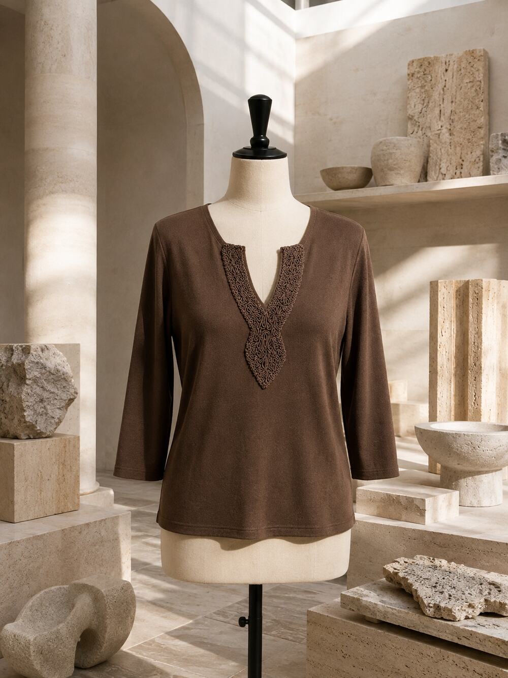Joseph A. Brown Embellished Knit Top Women's XL Beaded V-Neck 3/4 Sleeve NWT